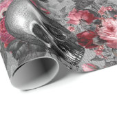 Skulls met roze rozen op grijs cadeaupapier (Rol Hoek)