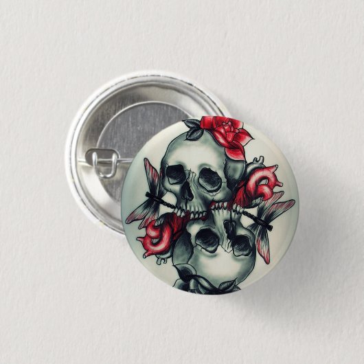 Skulls met Rozen en Dragonfly Round Button (Voorkant /achterkant)