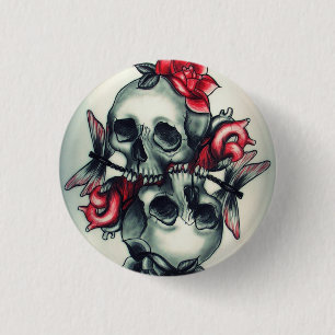 Skulls met Rozen en Dragonfly Round Button
