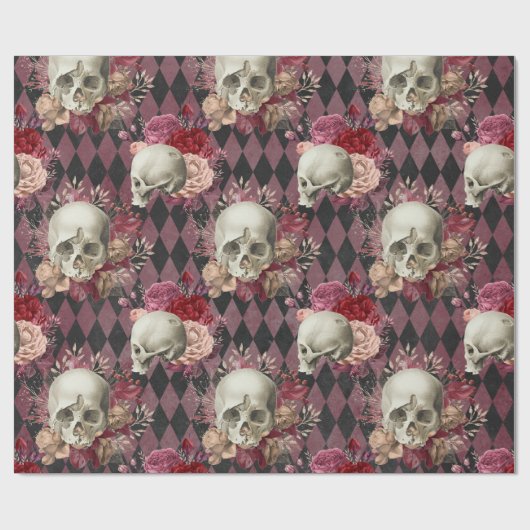 Skulls met Rozen en Roze Paars Gecontroleerd Cadeaupapier (Vlak)