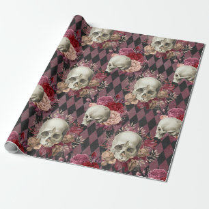 Skulls met Rozen en Roze Paars Gecontroleerd Cadeaupapier