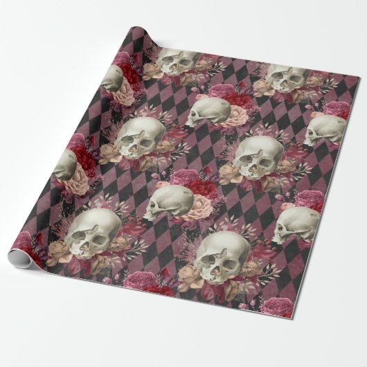 Skulls met Rozen en Roze Paars Gecontroleerd Cadeaupapier (Uitgerold)