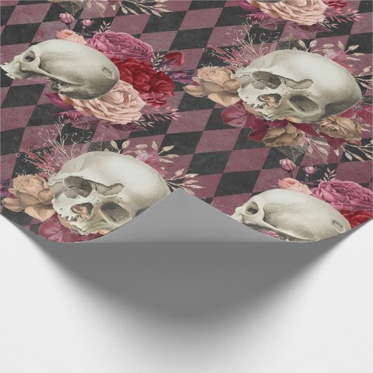 Skulls met Rozen en Roze Paars Gecontroleerd Cadeaupapier (Hoek)