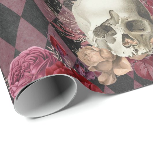 Skulls met Rozen en Roze Paars Gecontroleerd Cadeaupapier (Rol Hoek)