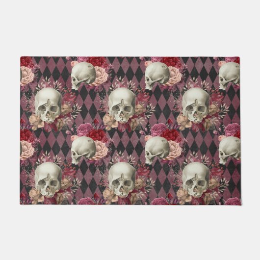 Skulls met Rozen en Roze Paars Gecontroleerd Deurmat (Voorkant)