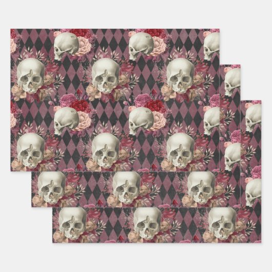 Skulls met Rozen en Roze Paars Gecontroleerd Inpakpapier Vel (Set)