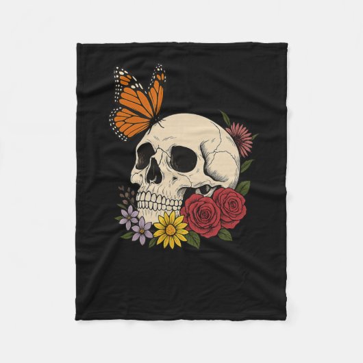 Skulls Monarch Butterfly Flowers Halloween Men Wom Fleece Deken (Voorkant)