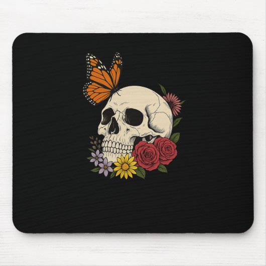 Skulls Monarch Butterfly Flowers Halloween Men Wom Muismat (Voorkant)