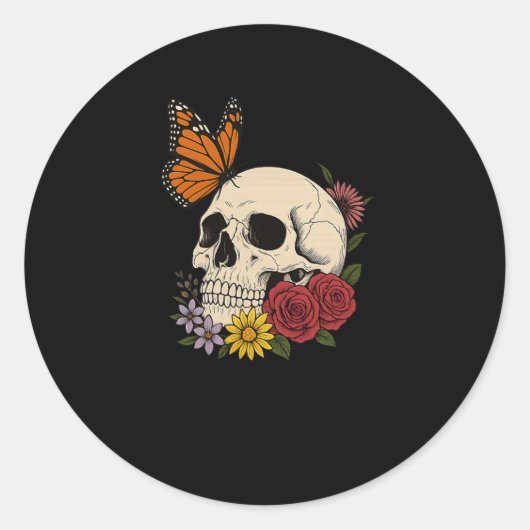 Skulls Monarch Butterfly Flowers Halloween Men Wom Ronde Sticker (Voorkant)
