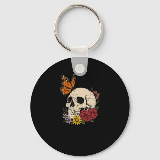 Skulls Monarch Butterfly Flowers Halloween Men Wom Sleutelhanger (Voorkant)