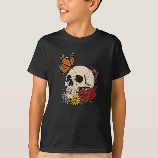 Skulls Monarch Butterfly Flowers Halloween Men Wom T-shirt (Voorkant)