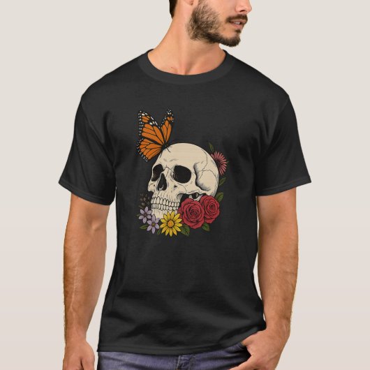Skulls Monarch Butterfly Flowers Halloween Men Wom T-shirt (Voorkant)