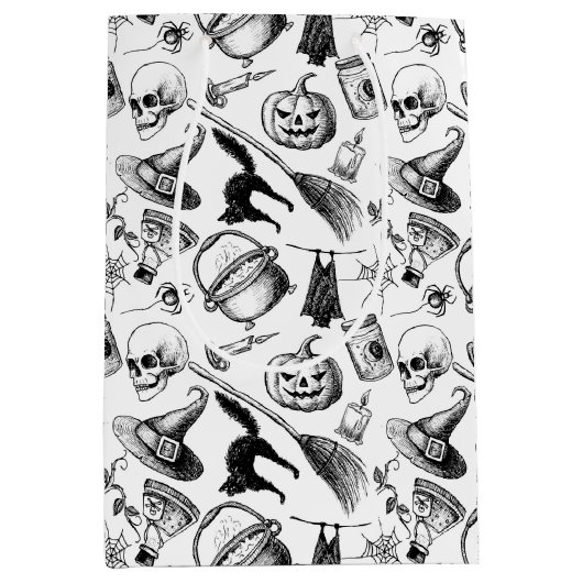 Skulls Pumpkins Broomsticks Bats Halloween Medium Cadeauzakje (Voorkant)
