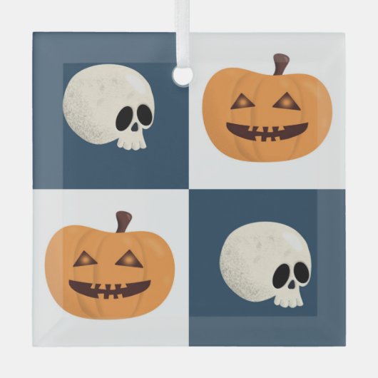 Skulls & Pumpkins Checks Glas Ornament (Voorkant)