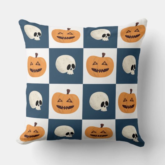 Skulls & Pumpkins Checks Kussen (Voorkant)