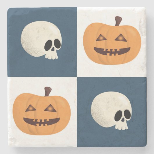 Skulls & Pumpkins Checks Stenen Onderzetter (Voorkant)
