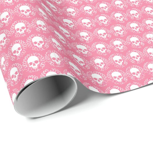  Skulls roze strepen Cadeaupapier (Rol Hoek)