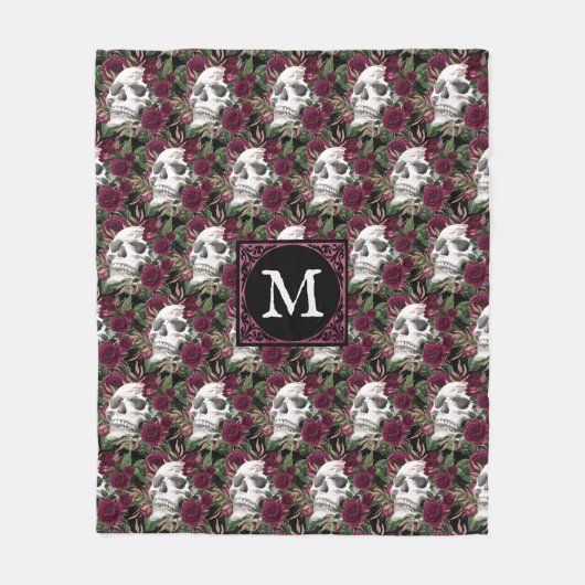 Skulls Rozen Burgundy Black Monogrammed Fleece Deken (Voorkant)