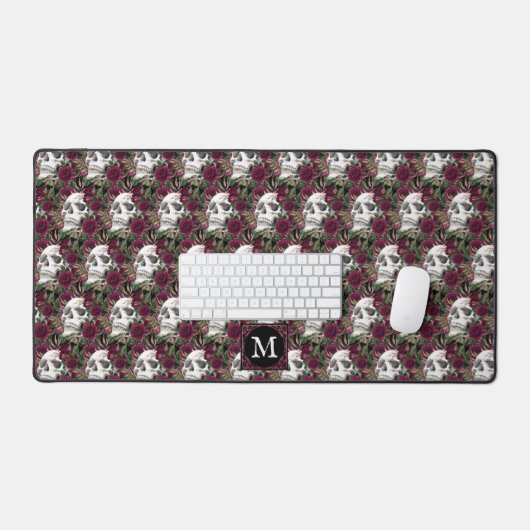 Skulls Rozen Burgundy Black Monogrammed Pattern Bureaumat (Keyboard & Muis)