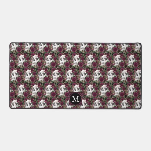 Skulls Rozen Burgundy Black Monogrammed Pattern Bureaumat (Voorkant)