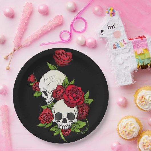 Skulls Rozen Día de Muertos Papieren Bordje (Feest)