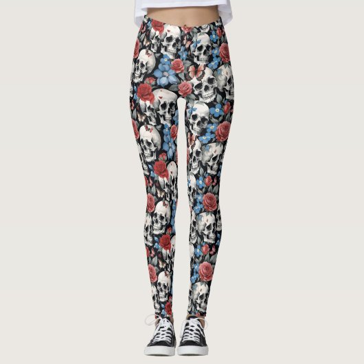 Skulls Rozen en Forget-me-nots Zwart Leggings (Voorkant)