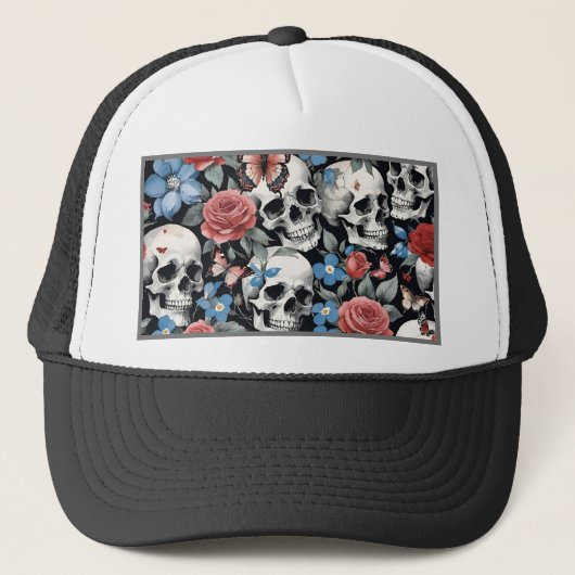 Skulls Rozen en Forget-me-nots Zwart Trucker Pet (Voorkant)