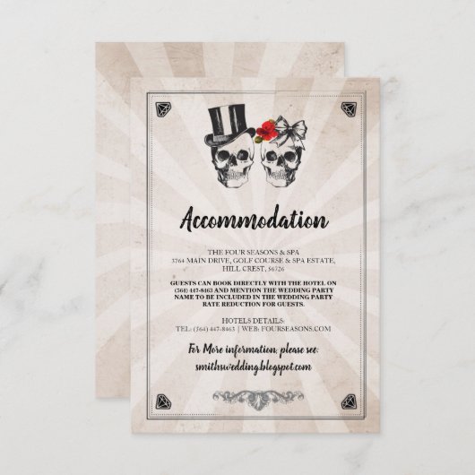 Skulls Rozen Mr & Mrs Accommodation Wedding Cards Informatiekaartje (Voorkant / Achterkant)