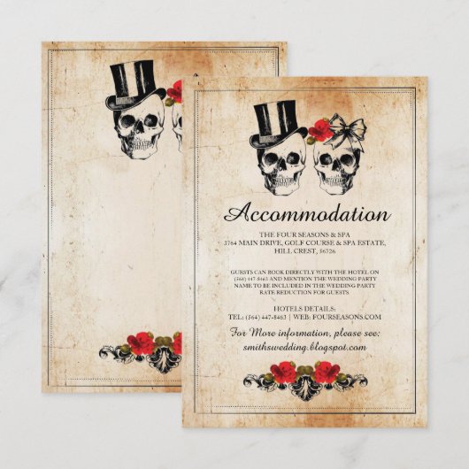 Skulls Rozen Rustic Accommodding Wedding Cards Informatiekaartje (Voorkant / Achterkant)
