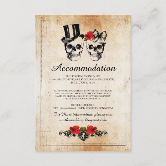 Skulls Rozen Rustic Accommodding Wedding Cards Informatiekaartje (Voorkant)