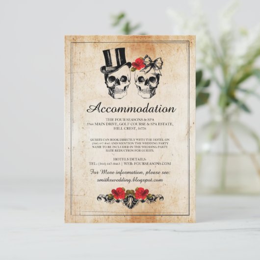 Skulls Rozen Rustic Accommodding Wedding Cards Informatiekaartje (Staand voorkant)
