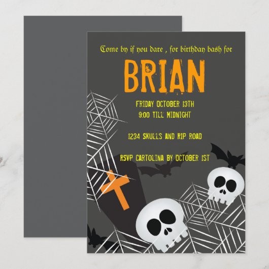 Skulls spinwebben en rip hallowen verjaardagsfeest kaart (Voorkant / Achterkant)