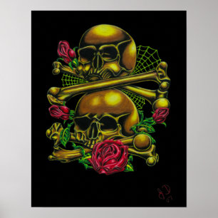 Skulls, Webs en Rozen afdrukken Poster