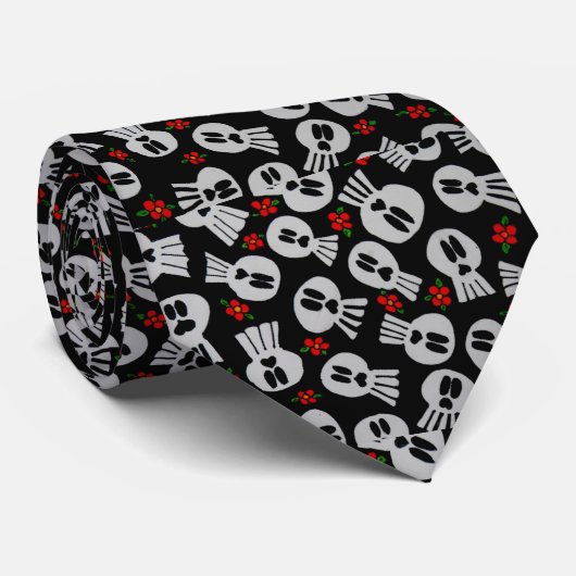 Skulls with red flowers - tie -corbata stropdas (Opgerold)