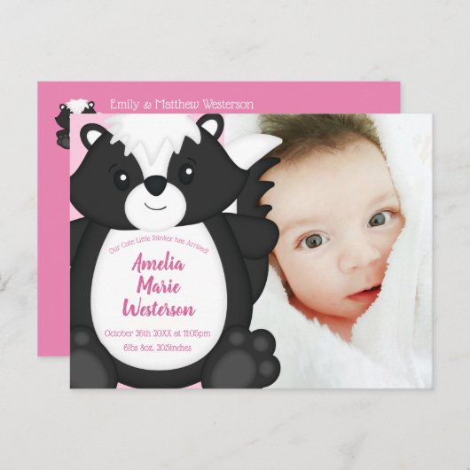 Skunk Baby shower Roze Briefkaart (Voorkant / Achterkant)