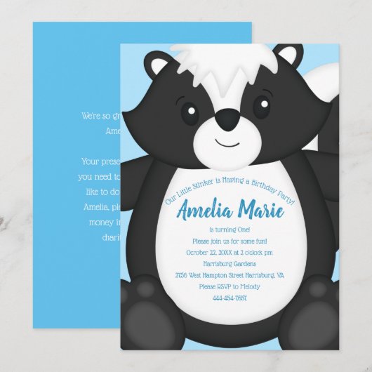 Skunk Birthday Party Blue Kaart (Voorkant / Achterkant)