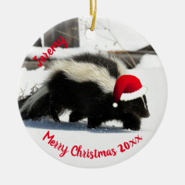 Skunk in Santa Hat Ceramic Ornament