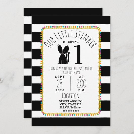 Skunk Little Stinker Pompom Stripes Birthday Party Kaart (Voorkant / Achterkant)