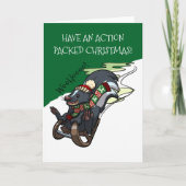 Skunk op een slee actie kerst sleeën Cartoon Feestdagen Kaart (Voorkant)