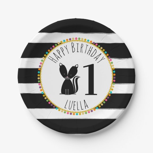 Skunk Pompom Stripes Birthday Papieren Bordje (Voorkant)