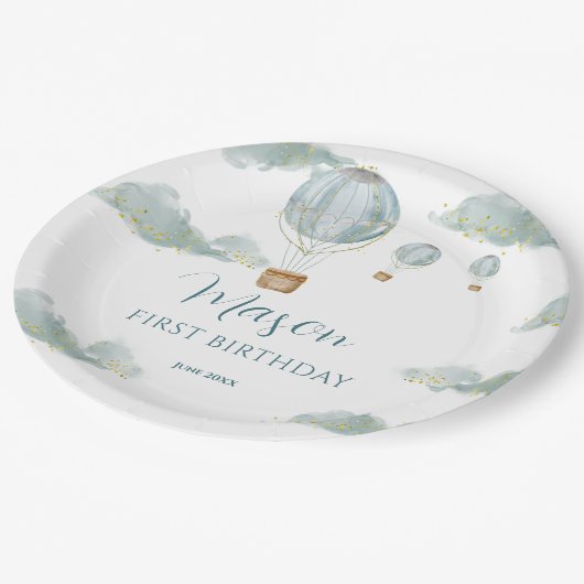 Sky Adventure Blue Hete Luchtballon Eerste Verjaar Papieren Bordje (Gekanteld)