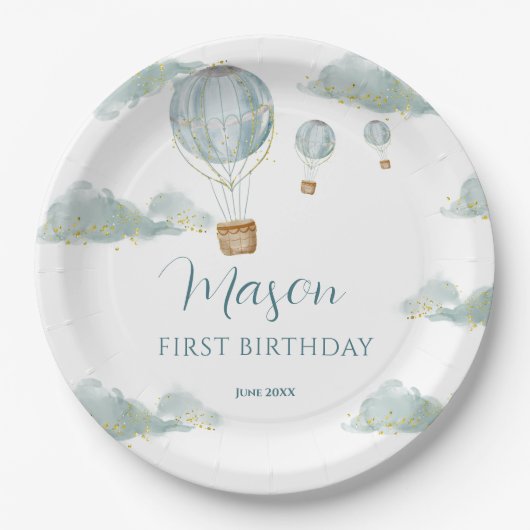 Sky Adventure Blue Hete Luchtballon Eerste Verjaar Papieren Bordje (Voorkant)