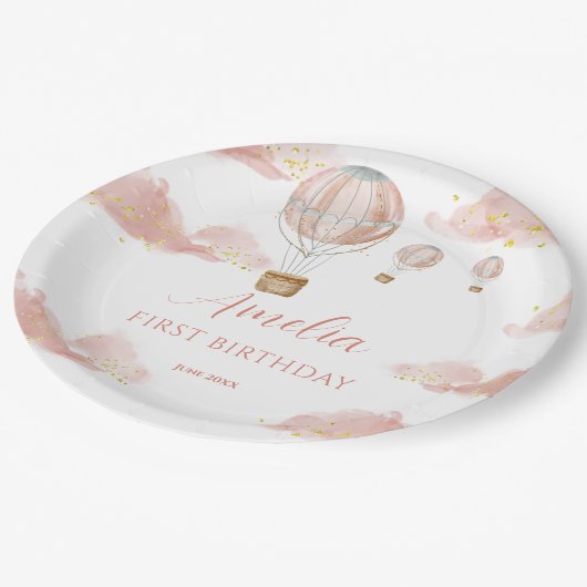 Sky Adventure Roze Hete Luchtballon Eerste Verjaar Papieren Bordje (Gekanteld)