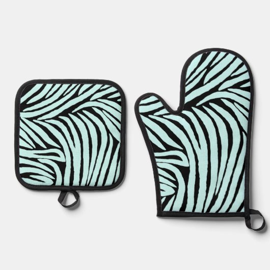 Sky Aqua Blauw Zwart Zebra Print Ovenwant & Pannenlap Set (Voorkant)