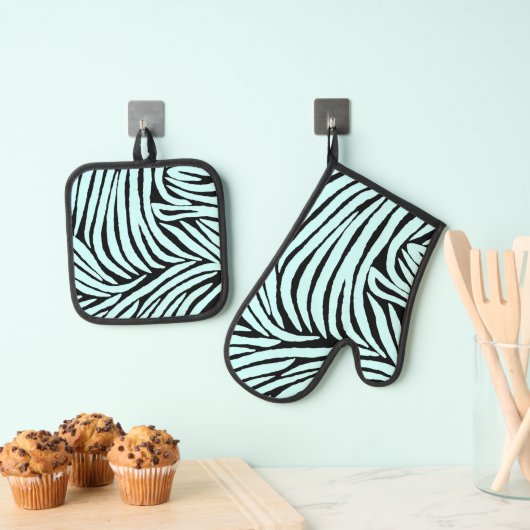 Sky Aqua Blauw Zwart Zebra Print Ovenwant & Pannenlap Set (Insitu(Ophanging))
