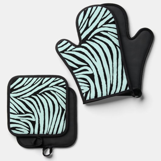 Sky Aqua Blauw Zwart Zebra Print Ovenwant & Pannenlap Set (Voorkant / Achterkant)