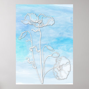 Sky Blue Abstracte Waterverf en Poppies Poster
