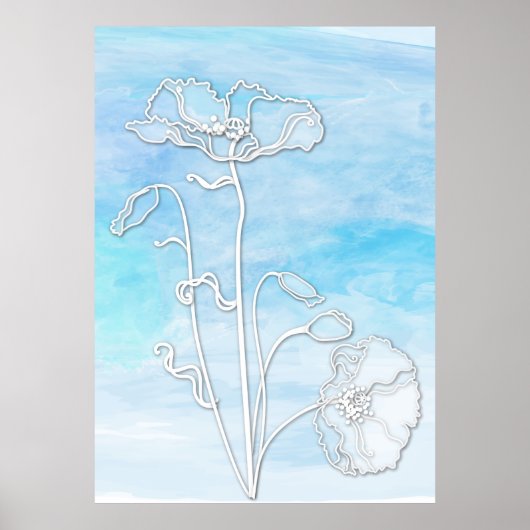 Sky Blue Abstracte Waterverf en Poppies Poster (Voorkant)
