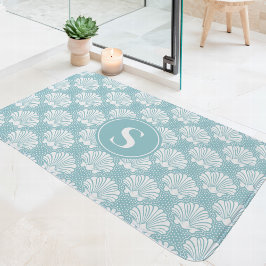 Sky Blue and White Seashell Coastal Monogram Badmat