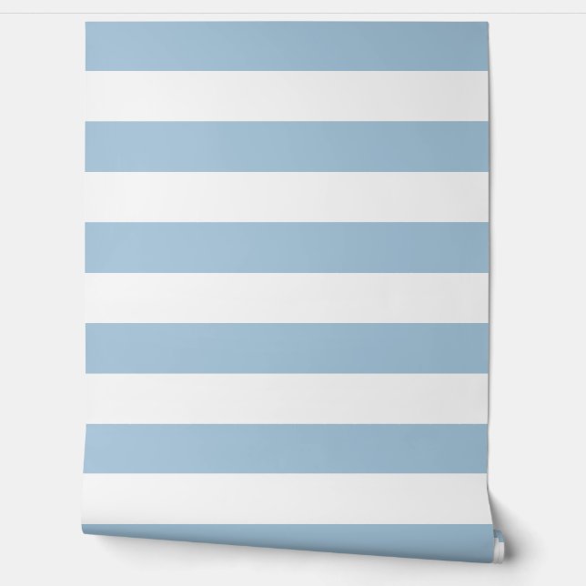 Sky Blue and White Wide Horizontal Stripes Behang (Afrollen)